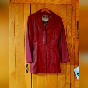 Women's dark red long leather coat